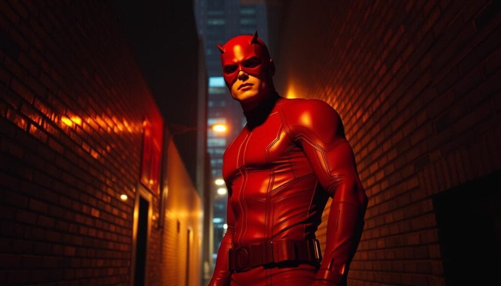 A dimly lit urban alleyway, with the iconic red-and-black costume of Daredevil from the Netflix series standing in the foreground, his silhouette casting a dramatic shadow on the brick walls. The background is a moody, neon-tinged cityscape, with the distant lights of skyscrapers and the glow of street lamps creating a sense of depth and atmosphere. The lighting is low-key, with strategic highlights accentuating the hero's muscular physique and the intricate details of his suit. The camera angle is slightly low, giving the viewer a sense of awe and admiration for the vigilante, who appears poised and ready to leap into action.