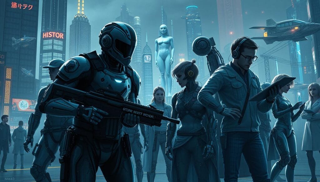 A diverse ensemble of cyborgs, their mechanical limbs and implants glinting in the light, inhabit a variety of immersive scenes. In the foreground, a cyborg warrior wielding a plasma rifle patrols a dystopian cityscape, neon-lit skyscrapers and hovering vehicles filling the background. Nearby, a cyborg scientist examines holographic data, while others engage in lively discourse or carry out routine tasks. The lighting is a moody blend of cool tones, casting dramatic shadows that accentuate the cyborgs' striking features and technological enhancements. An underlying sense of both wonder and unease permeates the atmospheric composition, reflecting the complex relationship between humanity and its technological augmentations. A diverse ensemble of cyborgs, their mechanical limbs and implants glinting in the light, inhabit a variety of immersive scenes. In the foreground, a cyborg warrior wielding a plasma rifle patrols a dystopian cityscape, neon-lit skyscrapers and hovering vehicles filling the background. Nearby, a cyborg scientist examines holographic data, while others engage in lively discourse or carry out routine tasks. The lighting is a moody blend of cool tones, casting dramatic shadows that accentuate the cyborgs' striking features and technological enhancements. An underlying sense of both wonder and unease permeates the atmospheric composition, reflecting the complex relationship between humanity and its technological augmentations.