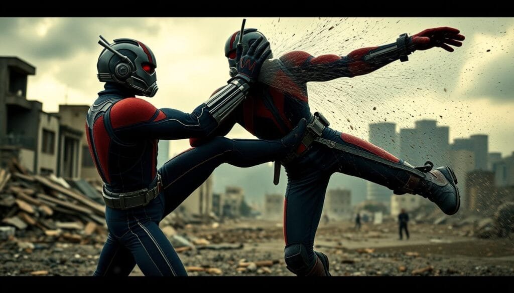 A dramatic action scene of Ant-Man en combate, battling a formidable foe in a gritty, urban setting. In the foreground, Ant-Man, clad in his iconic red and blue suit, is locked in fierce hand-to-hand combat, his fists a blur as he expertly dodges and counters his opponent's attacks. The middle ground features the crumbling backdrop of a war-torn city, with debris and rubble scattered across the scene. In the background, a brooding, overcast sky sets an ominous tone, the light casting dramatic shadows that accentuate the intensity of the action. The overall atmosphere is one of high-stakes tension and adrenaline-fueled heroism, capturing the essence of Ant-Man's courageous battles to protect the innocent.