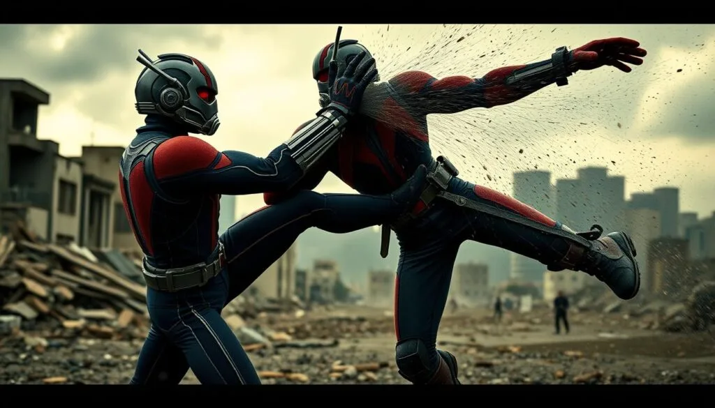 A dramatic action scene of Ant-Man en combate, battling a formidable foe in a gritty, urban setting. In the foreground, Ant-Man, clad in his iconic red and blue suit, is locked in fierce hand-to-hand combat, his fists a blur as he expertly dodges and counters his opponent's attacks. The middle ground features the crumbling backdrop of a war-torn city, with debris and rubble scattered across the scene. In the background, a brooding, overcast sky sets an ominous tone, the light casting dramatic shadows that accentuate the intensity of the action. The overall atmosphere is one of high-stakes tension and adrenaline-fueled heroism, capturing the essence of Ant-Man's courageous battles to protect the innocent. A dramatic action scene of Ant-Man en combate, battling a formidable foe in a gritty, urban setting. In the foreground, Ant-Man, clad in his iconic red and blue suit, is locked in fierce hand-to-hand combat, his fists a blur as he expertly dodges and counters his opponent's attacks. The middle ground features the crumbling backdrop of a war-torn city, with debris and rubble scattered across the scene. In the background, a brooding, overcast sky sets an ominous tone, the light casting dramatic shadows that accentuate the intensity of the action. The overall atmosphere is one of high-stakes tension and adrenaline-fueled heroism, capturing the essence of Ant-Man's courageous battles to protect the innocent.