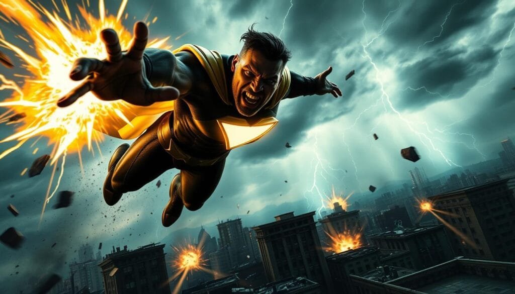 A dramatic action scene of Black Adam, the powerful anti-hero, soaring through the sky with fierce determination. The foreground features Black Adam's imposing figure, muscles rippling as he unleashes a burst of energy from his hands. The middle ground showcases a cityscape in chaos, with crumbling buildings and debris hurtling through the air. In the background, a stormy sky looms, the clouds illuminated by flashes of lightning, creating an ominous and electric atmosphere. The lighting is dramatic, casting bold shadows and highlights, heightening the sense of intensity and power. The camera angle is slightly low, giving the viewer a sense of awe and scale, as if they are witnessing the might of this legendary figure.