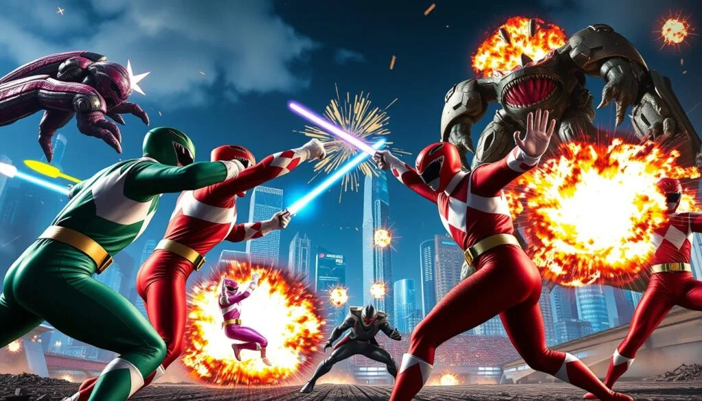 A dramatic action scene of the Power Rangers in mid-battle, with vibrant lighting and dynamic camera angles. In the foreground, the Rangers strike heroic poses, their colorful uniforms and weapons gleaming under intense spotlights. The middle ground features fierce hand-to-hand combat with their monstrous foes, energy beams and explosions filling the air. In the background, a futuristic cityscape serves as the backdrop, skyscrapers and infrastructure partially obscured by the intense combat. The scene is infused with a sense of urgency and triumph, capturing the essence of the Power Rangers' epic battles to defend their world.
