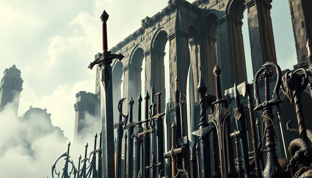 A dramatic and intricate composition showcasing the legendary weapons of Elden Ring. In the foreground, a majestic greatsword, its blade gleaming with divine power, stands tall and imposing. Behind it, an array of equally impressive armaments - curved swords, ornate daggers, and gnarled maces - arranged in an artful display. The middle ground is shrouded in a hazy, ethereal mist, adding to the mystical atmosphere. In the background, the towering ruins of an ancient, crumbling fortress loom, their weathered stonework and intricate architectural details captured in stunning detail. Dramatic, high-contrast lighting casts dramatic shadows, highlighting the craftsmanship and power of these legendary Elden Ring armaments. A dramatic and intricate composition showcasing the legendary weapons of Elden Ring. In the foreground, a majestic greatsword, its blade gleaming with divine power, stands tall and imposing. Behind it, an array of equally impressive armaments - curved swords, ornate daggers, and gnarled maces - arranged in an artful display. The middle ground is shrouded in a hazy, ethereal mist, adding to the mystical atmosphere. In the background, the towering ruins of an ancient, crumbling fortress loom, their weathered stonework and intricate architectural details captured in stunning detail. Dramatic, high-contrast lighting casts dramatic shadows, highlighting the craftsmanship and power of these legendary Elden Ring armaments.