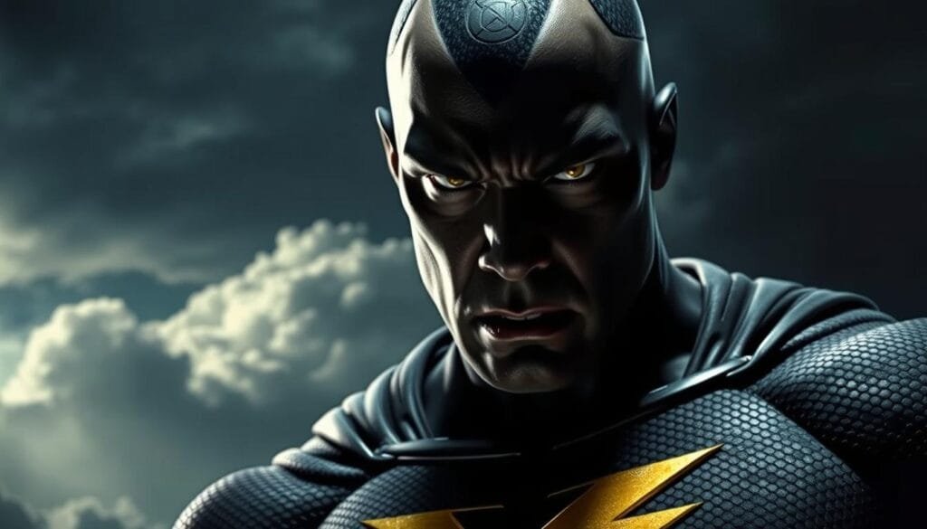 A dramatic and powerful portrait of the superhero Black Adam, illuminated by a dramatic chiaroscuro lighting that casts bold shadows and highlights the character's intense gaze. The foreground features a detailed close-up of Black Adam's fierce expression, his piercing eyes and stoic jawline rendered with striking realism. The middle ground showcases the hero's iconic costume, with the bold lightning bolt emblem and intricate textures of the fabric. The background is a moody, atmospheric setting, with ominous clouds and a sense of impending action. The overall composition conveys a sense of strength, determination, and the raw, primal energy of this iconic DC character.