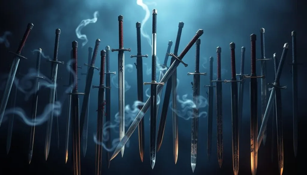 A dramatic arrangement of mystical zanpakuto swords from the Bleach universe, floating in a moody, atmospheric environment. In the foreground, a diverse collection of katana-style blades with distinct cross-guards and tsuba, their surfaces shimmering with intricate details. In the middle ground, the swords are partially obscured by wisps of ethereal energy, creating a sense of otherworldly power. The background is dark and enigmatic, with muted hues of blue and purple, hinting at the spiritual realm from which these weapons originate. Dramatic lighting casts dramatic shadows, emphasizing the blades' sharp edges and the overall sense of mystique and ancient power.