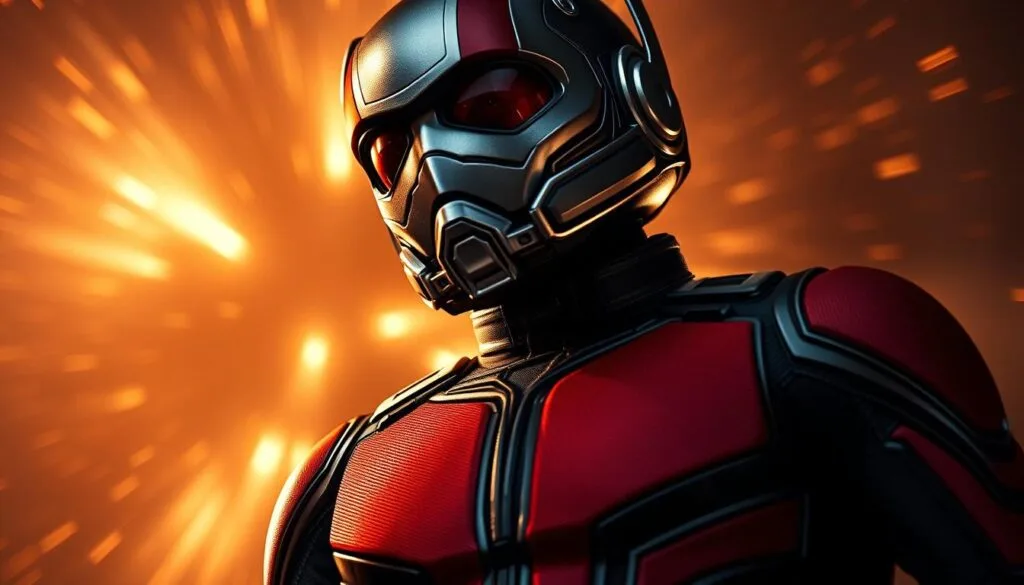 A dramatic, cinematic close-up of Ant-Man in his iconic red and black suit, standing tall and determined against a backdrop of swirling, energetic visual effects. The lighting is sharp and dramatic, casting deep shadows and highlights that accentuate the hero's chiseled features and intense gaze. The camera angle is low, looking up at Ant-Man, emphasizing his power and heroic stature. The overall mood is one of strength, dynamism, and the awe-inspiring potential of advanced AI-powered image creation.