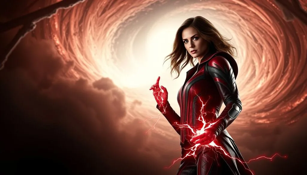 A dramatic, cinematic portrayal of Scarlet Witch in the Marvel Cinematic Universe. Wanda Maximoff stands tall, her iconic red energy crackling around her hands as she unleashes her powerful hex magic. Dramatic lighting from above casts deep shadows, accentuating her intense, determined expression. The background is a swirling vortex of energy, hinting at the vast cosmic forces she commands. The image has a bold, blockbuster movie poster aesthetic, capturing the character's raw elemental power and the grand scale of the Marvel universe.