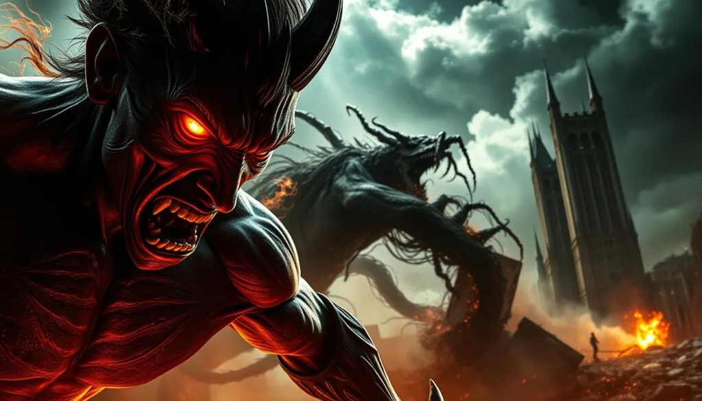 A dramatic, cinematic progression of a Demon Slayer's transformation. In the foreground, the protagonist's face contorts as demonic power surges through them, eyes glowing with intense focus. Their body morphs, muscles rippling with energy, veins pulsing. In the middle ground, a dark miasma swirls, tendrils of shadow lashing out. In the background, a ruined urban landscape looms, towers crumbling, skies swirling with roiling storm clouds. Dramatic chiaroscuro lighting casts deep shadows, heightening the sense of tension and foreboding. A cinematic, highly detailed scene that captures the essence of a Demon Slayer's progression towards their ultimate power.