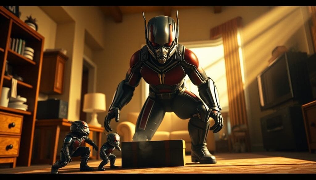 A dramatic, cinematic scene of Ant-Man shrinking and growing in size, showcasing his unique size-changing abilities. The foreground features a close-up of Ant-Man's face, his expression determined as he shrinks down to minuscule proportions, dwarfed by the larger-than-life household objects surrounding him. The middle ground depicts Ant-Man rapidly growing back to normal size, his body surging with energy as he towers over the environment. The background provides a sense of depth, with a stylized interior setting serving as the backdrop, bathed in warm, dramatic lighting that casts long shadows. The overall composition conveys a sense of wonder, power, and the incredible versatility of Ant-Man's size-shifting powers.