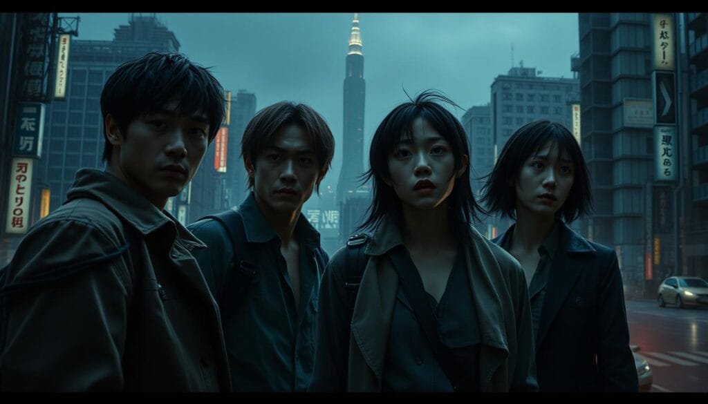 A dramatic, cinematic scene of Tokyo Revengers characters engaged in an emotional, high-stakes moment. In the foreground, the protagonists stand resolute, their faces etched with determination and anguish. Tight, focused lighting illuminates their expressions, heightening the intensity. In the middle ground, the city of Tokyo serves as a gritty, moody backdrop, its towering skyscrapers and neon-lit streets adding a sense of scale and urban decay. The atmosphere is somber, with a bluish-grey color palette and soft, atmospheric lighting, evoking a sense of melancholy and impending tragedy. The composition is dynamic, with the characters arranged in a dramatic pose, drawing the viewer's eye to the central drama unfolding. Overall, a visually striking and emotionally charged scene that captures the essence of the Tokyo Revengers story.