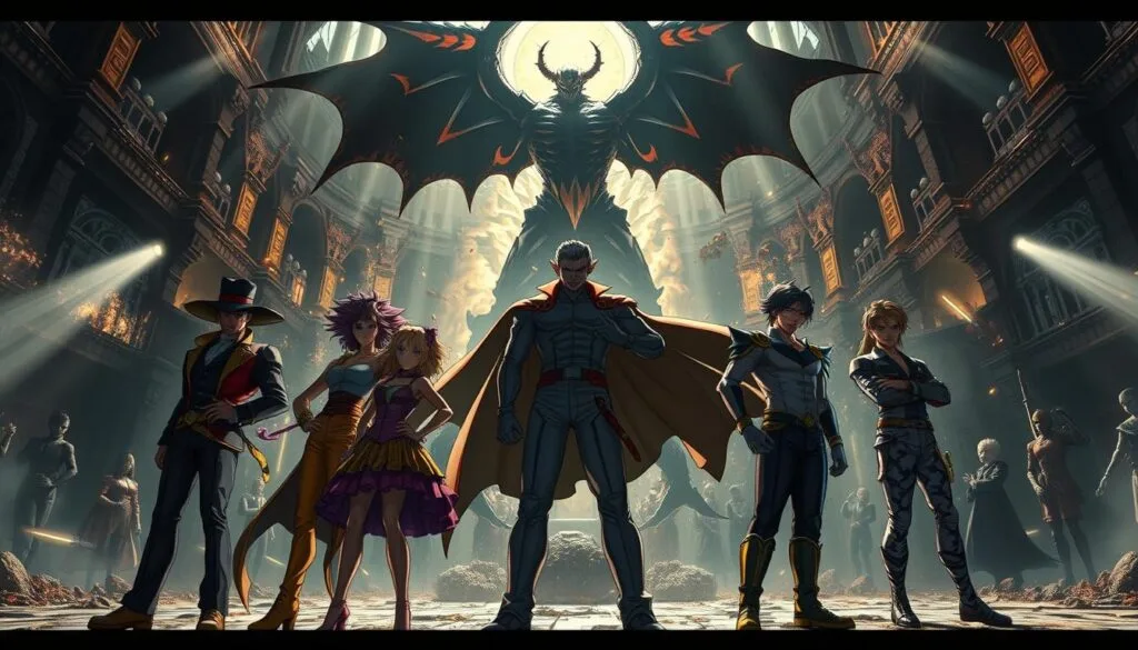 A dramatic, cinematic scene of iconic JoJo's Bizarre Adventure moments. In the foreground, the iconic Joestar family poses heroically, their Stands shimmering with energy. In the middle ground, epic battles rage - Dio Brando's sinister figure looms, his vampiric powers unleashed. The background features the distinct architecture and environments of the JoJo universe, with dramatic shadows and highlights casting an ominous atmosphere. Lighting is dramatic, high-contrast, with deep shadows and shafts of dramatic light. The camera angle is low, emphasizing the scale and grandeur of the scene. Overall, a striking, larger-than-life depiction of JoJo's most legendary moments.