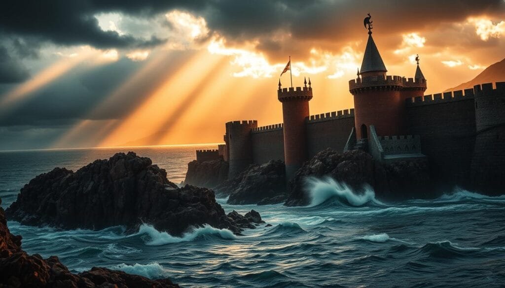 A dramatic, cinematic scene of the Fortaleza Roja and Rocadragón, the imposing fortresses of House Targaryen in the Seven Kingdoms. Set against a moody, storm-swept sky, the massive red stone walls and towering dragon-crowned spires rise up from craggy seaside cliffs, casting long shadows across the turbulent waters below. The foreground is detailed with crenellated battlements, sculpted gargoyles, and ornate architectural flourishes. The middle ground features the rugged, windswept coastline, with churning waves crashing against the rocky outcrops. In the background, the silhouettes of distant mountains loom under low-hanging clouds. The lighting is dramatic, with shafts of warm, golden sunlight piercing through the gloom, casting dramatic shadows and highlights across the imposing structures. The overall atmosphere evokes a sense of ancient power, weathered grandeur, and the indomitable might of the Targaryen dynasty.