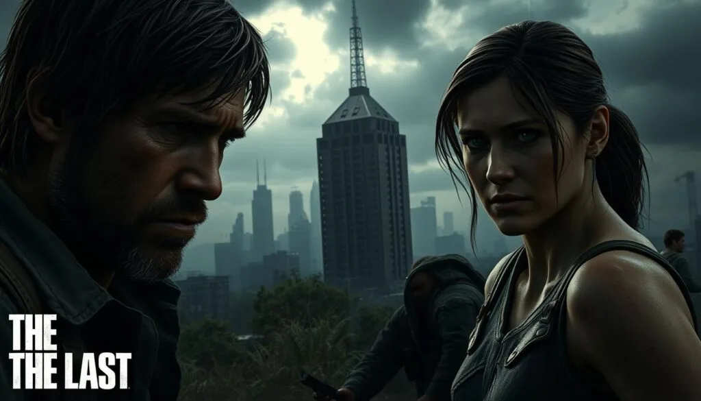 A dramatic, cinematic scene of the HBO series "The Last of Us". In the foreground, the weathered faces of Joel and Ellie, their expressions etched with determination and fear, as they navigate a post-apocalyptic landscape. The middle ground features a dilapidated city skyline, crumbling buildings and overgrown vegetation, hinting at the devastation of the Cordyceps outbreak. In the background, a moody, ominous sky casts an eerie glow, emphasizing the somber, perilous atmosphere. Dramatic lighting and camera angles create a sense of tension and high stakes, capturing the gritty, survival-driven essence of the series.