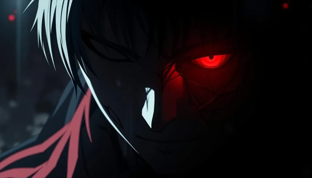 A dramatic close-up of a Tokyo Ghoul character's face, half-shrouded in shadow, with one glowing red eye and intricate patterns of light and dark creeping across their skin, conveying a profound sense of emotional turmoil and the anguish of their inner struggle. The lighting should be moody and evocative, with deep contrasts and a sense of cinematic intensity. The background should be blurred and atmospheric, hinting at the character's isolated and haunting world. Capture the raw power and beauty of their transformative moment, the weight of their tragic fate palpable in every detail.