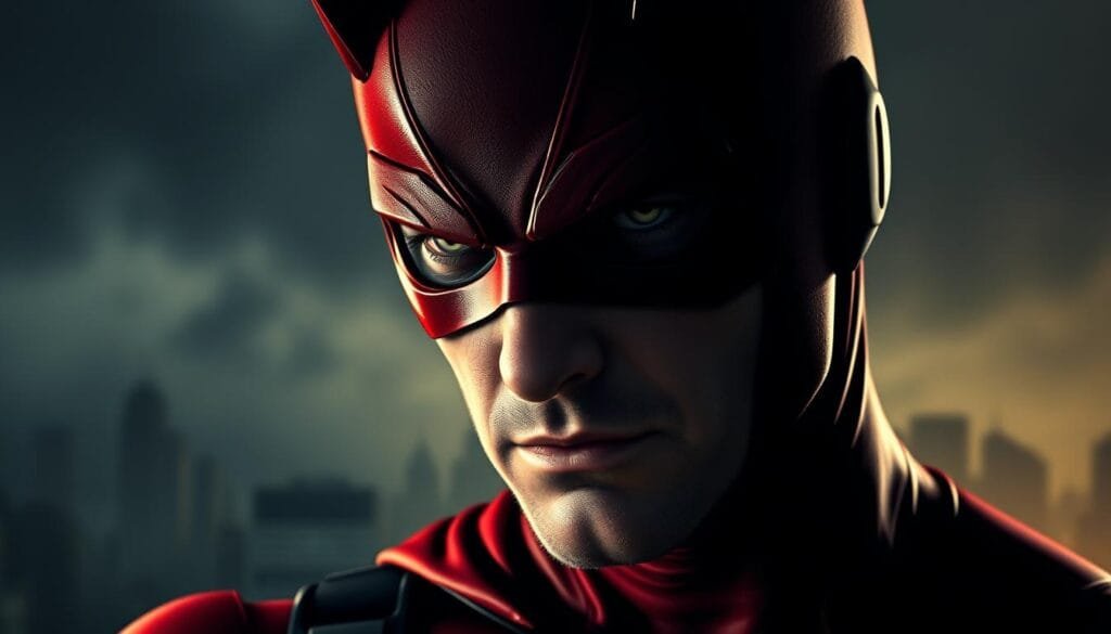 A dramatic close-up portrait of the Marvel superhero Daredevil, also known as Matt Murdock, set against a moody, chiaroscuro-inspired backdrop. Daredevil's intense, brooding expression is framed by his signature red and black costume, which is rendered in intricate detail. The lighting is dramatic, with deep shadows and highlights that accentuate the character's rugged features and sightless eyes. The background is a hazy, atmospheric cityscape, hinting at the urban setting of Hell's Kitchen where Daredevil operates. The overall mood is one of gritty, urban vigilantism and the weight of Daredevil's moral dilemmas.