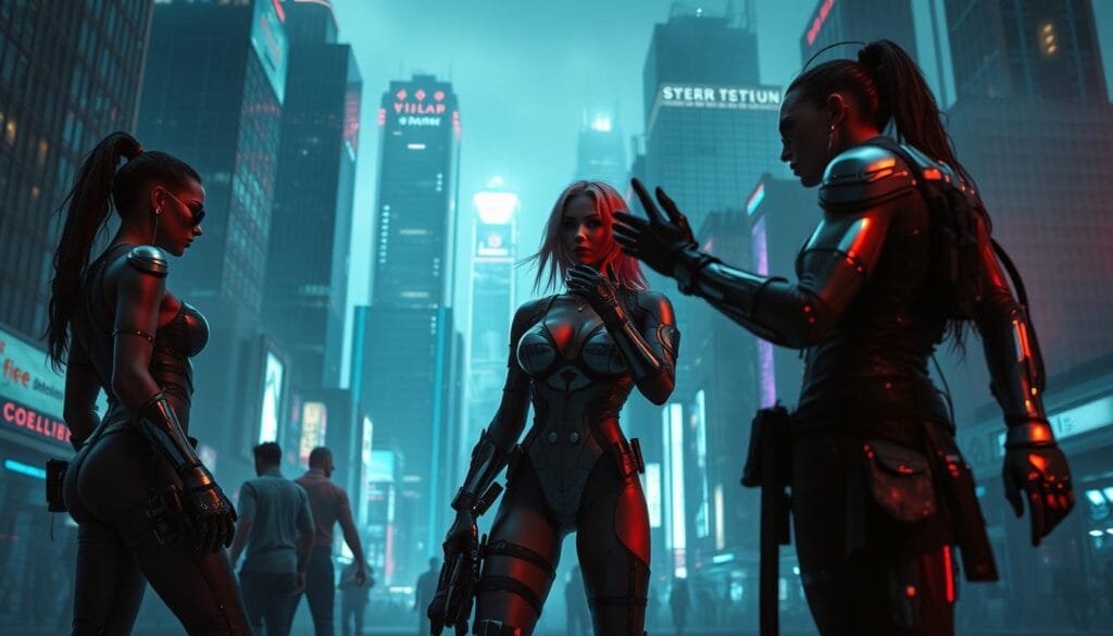 A dramatic cyberpunk cityscape, with neon-lit skyscrapers and holographic displays in the background. In the foreground, a group of cybernetically enhanced individuals engage in a dynamic visual narrative, their augmented bodies and futuristic attire conveying a sense of power and individuality. Diffused lighting casts dramatic shadows, creating an atmosphere of mystery and intrigue. The composition should draw the viewer's eye through the layers of the scene, inviting them to imagine the stories unfolding within this technologically advanced, yet dystopian, world. A dramatic cyberpunk cityscape, with neon-lit skyscrapers and holographic displays in the background. In the foreground, a group of cybernetically enhanced individuals engage in a dynamic visual narrative, their augmented bodies and futuristic attire conveying a sense of power and individuality. Diffused lighting casts dramatic shadows, creating an atmosphere of mystery and intrigue. The composition should draw the viewer's eye through the layers of the scene, inviting them to imagine the stories unfolding within this technologically advanced, yet dystopian, world.