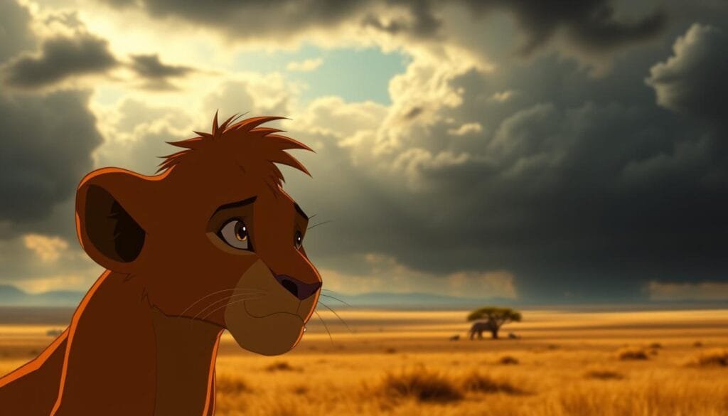 A dramatic, emotionally-charged scene from the iconic film &amp;amp;amp;quot;The Lion King&amp;amp;amp;quot;. In the foreground, a close-up of Simba's pained expression as he mourns the loss of his father, Mufasa, with tears streaming down his face. The middle ground shows the sweeping, majestic landscape of the African savanna, bathed in warm, golden lighting that evokes a sense of melancholy. In the background, dark, ominous clouds loom, heightening the somber and tragic mood. The composition is framed to convey the gravity of the moment, with Simba's figure central and the vastness of the environment emphasizing his small, vulnerable state. The overall atmosphere is one of deep sorrow, loss, and the crushing weight of grief.