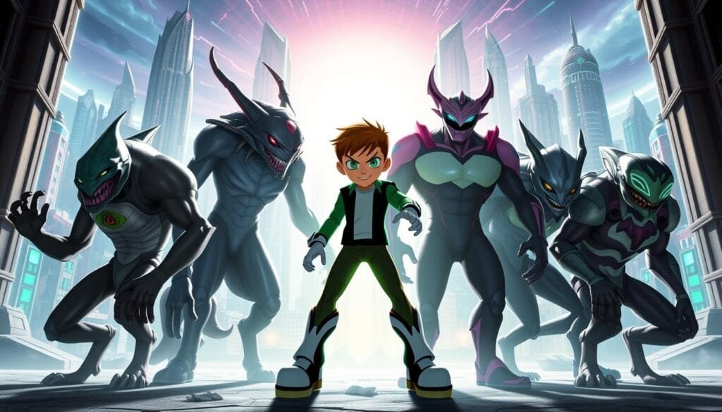 A dramatic evolution of the iconic Ben 10 character, showcasing his various alien transformations in a dynamic, futuristic landscape. A bold, cinematic composition with striking lighting and depth, capturing the character's power and the expansive scale of the Ben 10 universe. Detailed alien forms fill the foreground, while a vibrant, technological cityscape looms in the background, hinting at the advanced technologies and parallel dimensions explored in the series. An ethereal, energetic atmosphere permeates the scene, conveying the thrilling, fantastical nature of Ben 10's shapeshifting adventures.