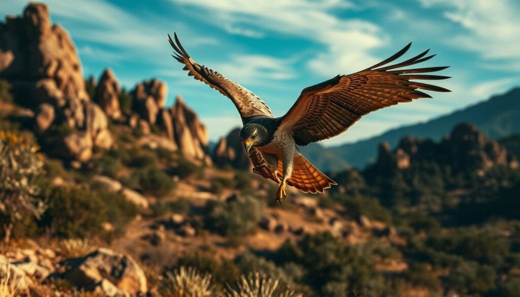 A dramatic falcon hunt in a rugged, sun-dappled wilderness. In the foreground, a majestic falcon grips its prey, wings outstretched in a fierce display of power. The middle ground reveals a dramatic landscape of craggy rock formations and lush foliage, casting dramatic shadows. In the background, a hazy blue sky with wispy clouds creates a sense of depth and atmosphere. The lighting is warm and golden, highlighting the falcon's sleek feathers and the vivid colors of the environment. The camera angle is slightly elevated, giving a sense of witnessing the hunt from an observer's perspective. An intense, action-packed scene that captures the raw energy and grace of the falcon's hunting instincts.