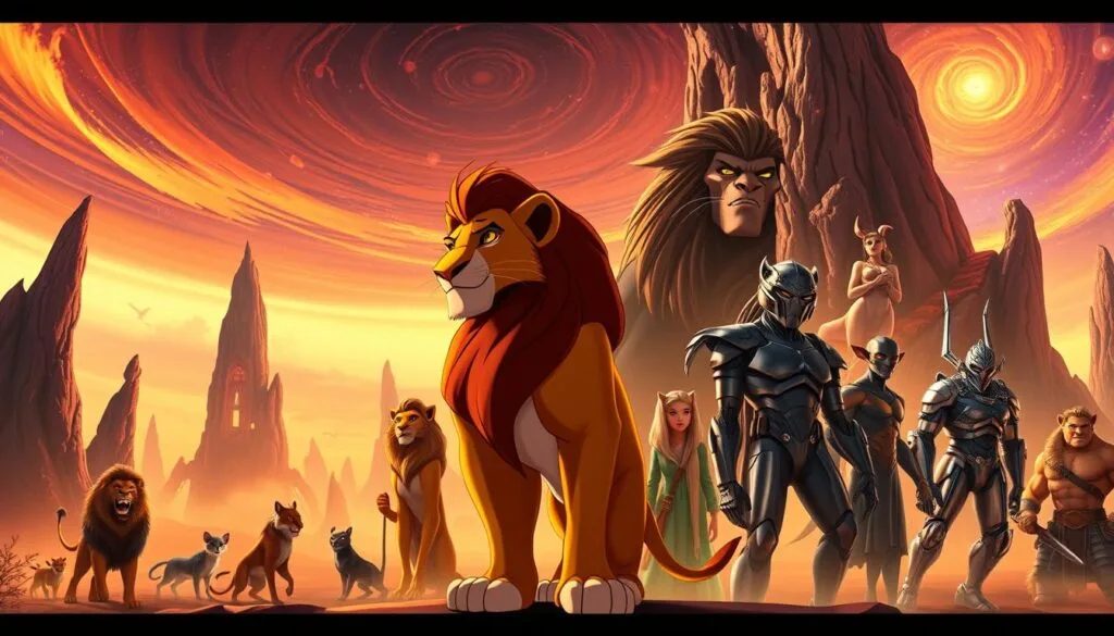 A dramatic, fantastical scene of alternative versions and crossovers of the iconic characters from The Lion King. In the foreground, Simba and Mufasa stand side-by-side, their regal poses illuminated by warm, golden lighting. Surrounding them, a diverse array of reimagined characters - Scar as a dark, twisted antihero, Nala as a fierce warrior queen, Timon and Pumbaa as futuristic cyborgs. In the background, a surreal, dreamlike landscape with towering, twisted rock formations and a swirling, cosmic sky. Subtle hints of visual motifs from other beloved franchises, creating a captivating, imaginative fusion. An epic, cinematic atmosphere that invites the viewer to explore the vast, interconnected multiverse of The Lion King.