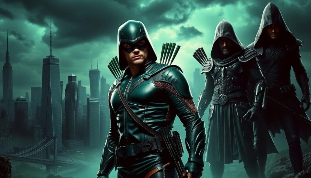 A dramatic fantasy scene depicting alternative versions of the Green Arrow, the famous DC superhero. In the foreground, the primary Green Arrow figure stands tall, his iconic green leather suit and signature bow and arrow highlighted by dramatic low-angle lighting. Surrounding him are several variant interpretations - a futuristic cyborg archer, a medieval knight-like archer, and a mystical, hooded version. The middle ground features a moody, atmospheric cityscape of towering skyscrapers and bridges, bathed in a vibrant green and blue color palette. In the background, ominous storm clouds gather, adding a sense of mystery and foreboding. The overall tone is one of power, dynamism, and the exploration of the hero's multifaceted nature across different time periods and realities.