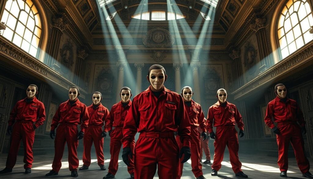 A dramatic heist scene from the acclaimed Spanish series "Money Heist". In the foreground, a group of thieves in red jumpsuits and Dali masks stand poised, their faces set with intense determination. Behind them, the interior of the Royal Mint of Spain is rendered in exquisite detail, with its ornate architecture and high-security systems. Beams of light filter through the windows, casting dramatic shadows and highlighting the tension of the moment. The atmosphere is electric, brimming with a sense of danger and the thrill of the impending robbery. The composition is balanced, with the robbers taking center stage, surrounded by the meticulously crafted environment that sets the stage for their audacious crime.
