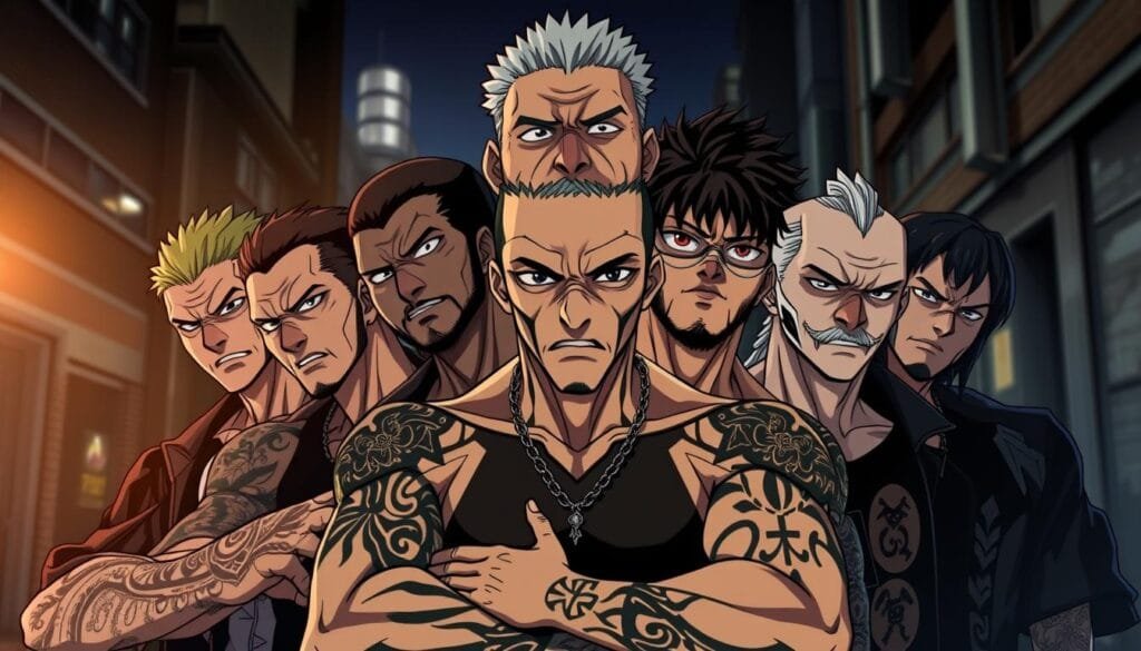 A dramatic, high-fidelity group portrait of the Tokyo Manji Gang, the notorious delinquent group from the anime/manga Tokyo Revengers. The members are gathered together in a tightly-knit formation, each character's distinctive appearance and personality shining through. Sharply-detailed facial features, intricate tattoos, and intense expressions convey the gang's unwavering camaraderie and formidable presence. Dramatic backlighting from an unseen source casts dynamic shadows, adding depth and a sense of cinematic grandeur. The overall composition is balanced and symmetrical, framing the gang members in a bold, commanding pose against a slightly blurred, moody urban background evocative of the series' gritty setting.