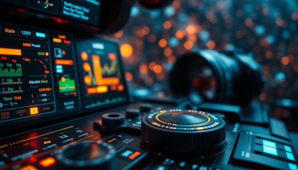 A dramatic, high-resolution close-up of advanced digital imaging techniques, featuring a complex, futuristic-looking interface with glowing lights, holographic displays, and intricate controls. The foreground should showcase various image processing tools, filters, and adjustment sliders in vivid detail. The middle ground could include a 3D model of a camera lens or sensor, while the background should depict a blurred, ethereal landscape of floating data particles and abstract visual effects. Emphasize a sense of precision, technology, and visual mastery, with cool, high-contrast lighting that enhances the visual impact.