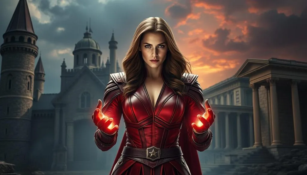 A dramatic portrait of Scarlet Witch in various historical eras, masterfully rendered with Stable Diffusion. In the foreground, Wanda Maximoff stands proudly, her crimson attire and glowing hands commanding attention. Behind her, the backdrop shifts - a medieval castle, an ancient Greek temple, a renaissance palace - each setting meticulously crafted to transport the viewer through time. Cinematic lighting casts dramatic shadows, while the camera angle emphasizes Scarlet Witch's powerful presence. The overall mood is one of mystique and grandeur, capturing the character's timeless essence as she transcends the boundaries of history.