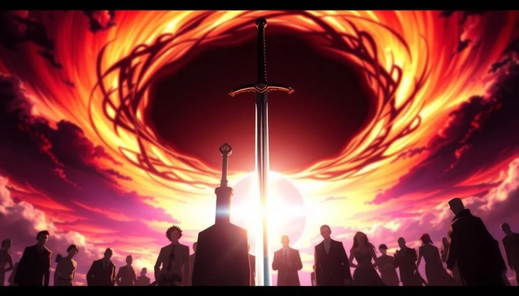 A dramatic scene of the Bleach universe, illuminated by a vibrant sunset. In the foreground, the iconic sword of a Shinigami, Zanpakuto, stands tall and menacing, casting an ominous shadow. The middle ground reveals the silhouettes of various Bleach characters, their expressions shrouded in mystery. In the background, a swirling vortex of spiritual energy, Reiatsu, creates an ethereal, otherworldly atmosphere. The lighting is dramatic, with deep shadows and highlights that accentuate the dynamic, action-packed nature of the Bleach universe. The overall mood is one of anticipation, power, and the imminent clash of powerful forces.
