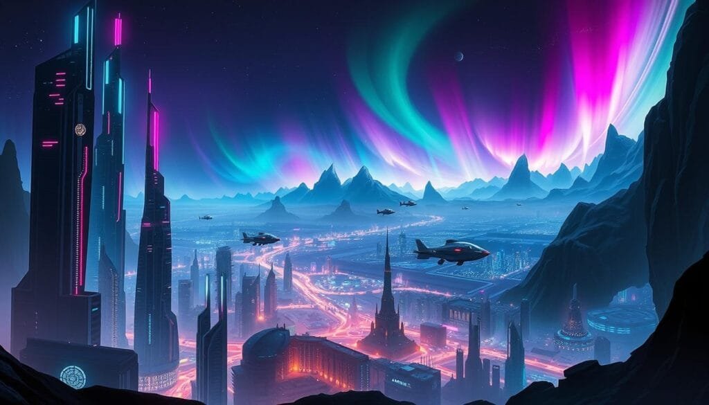 A dramatic sci-fi landscape depicting the "Euphoria" universe. In the foreground, a neon-lit cityscape with towering skyscrapers and holograms casting a vibrant, futuristic glow. The middle ground features a sprawling metropolis with sleek, angular architecture and hover-cars zipping through the air. In the background, a vast, alien landscape with towering, crystalline mountains and a colorful, swirling aurora borealis in the sky. The scene is bathed in a cool, cyberpunk-inspired color palette with deep blues, purples, and greens. Dramatic lighting casts dramatic shadows and highlights the scene's high-tech, dystopian atmosphere. The overall mood is one of awe, wonder, and a hint of unease.