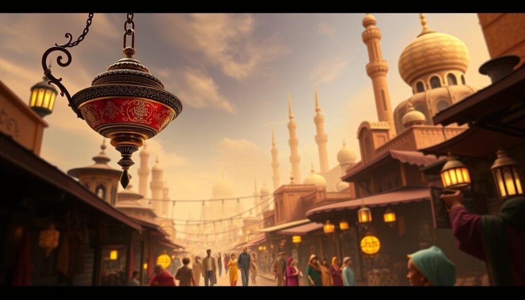 A dreamlike scene of original Aladdin-inspired imagery. In the foreground, a majestic and ornate lamp hovers, its intricate details glimmering in the warm, low-angle lighting. In the middle ground, a vibrant and bustling Agrabah marketplace unfolds, with merchants and locals navigating the winding streets, their colorful garments and wares creating a tapestry of activity. In the background, the towering silhouettes of iconic Arabian architecture rise, their domes and minarets piercing the hazy, golden-hued sky, conveying a sense of timeless mystique. The overall composition evokes a harmonious blend of fantasy and cultural authenticity, transporting the viewer to a captivating, Aladdin-inspired world.