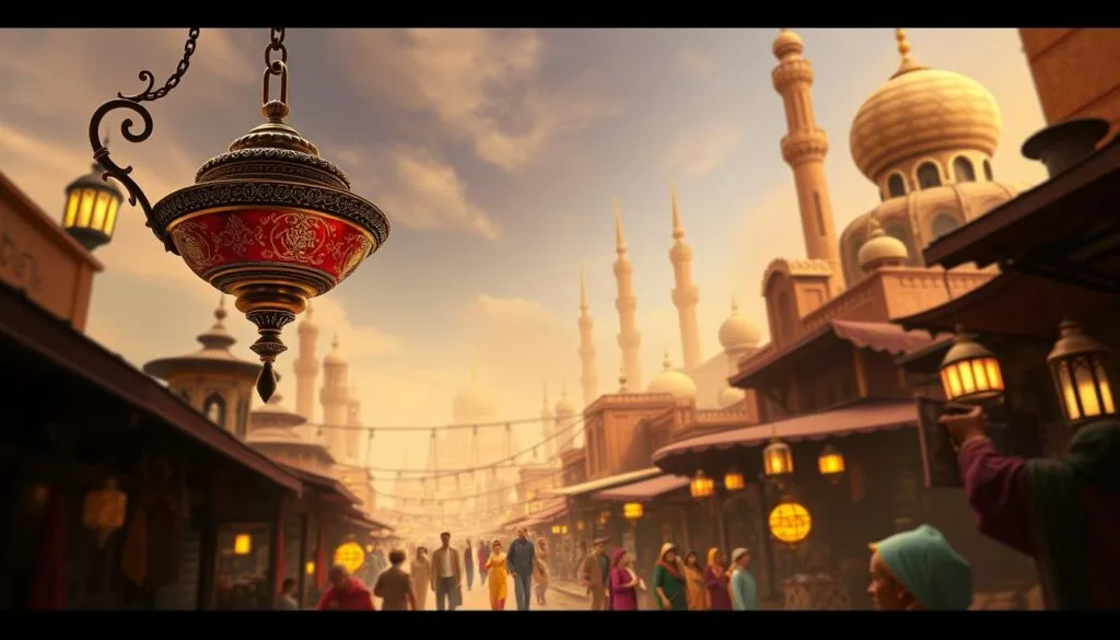 A dreamlike scene of original Aladdin-inspired imagery. In the foreground, a majestic and ornate lamp hovers, its intricate details glimmering in the warm, low-angle lighting. In the middle ground, a vibrant and bustling Agrabah marketplace unfolds, with merchants and locals navigating the winding streets, their colorful garments and wares creating a tapestry of activity. In the background, the towering silhouettes of iconic Arabian architecture rise, their domes and minarets piercing the hazy, golden-hued sky, conveying a sense of timeless mystique. The overall composition evokes a harmonious blend of fantasy and cultural authenticity, transporting the viewer to a captivating, Aladdin-inspired world. A dreamlike scene of original Aladdin-inspired imagery. In the foreground, a majestic and ornate lamp hovers, its intricate details glimmering in the warm, low-angle lighting. In the middle ground, a vibrant and bustling Agrabah marketplace unfolds, with merchants and locals navigating the winding streets, their colorful garments and wares creating a tapestry of activity. In the background, the towering silhouettes of iconic Arabian architecture rise, their domes and minarets piercing the hazy, golden-hued sky, conveying a sense of timeless mystique. The overall composition evokes a harmonious blend of fantasy and cultural authenticity, transporting the viewer to a captivating, Aladdin-inspired world.