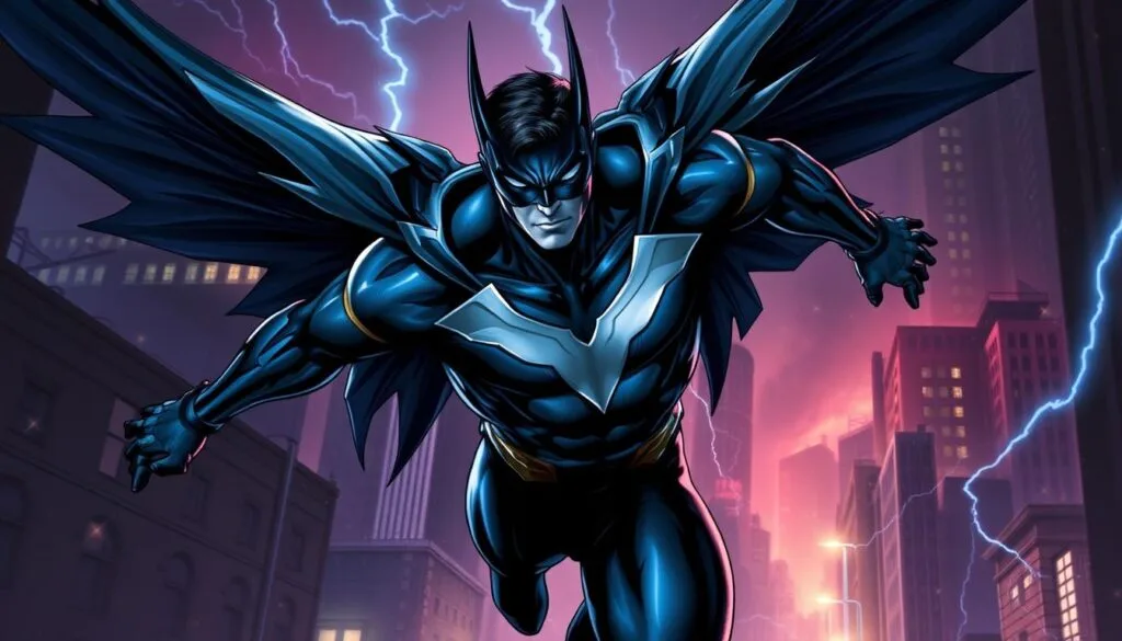 A dynamic, action-packed illustration of the iconic DC superhero Nightwing. In the foreground, a muscular figure clad in a sleek, midnight-blue bodysuit with silver-accented wings spreads across his chest, emblazoned with the signature Nightwing emblem. His chiseled features are partly obscured by a domino mask, conveying a sense of mystery and intensity. In the middle ground, the character leaps through the air, his cape billowing dramatically behind him, as he navigates the neon-tinged cityscape of Gotham. The background is shrouded in deep shadows, punctuated by the warm glow of streetlights and the occasional flash of lightning, creating an atmospheric, high-contrast scene. The overall composition and lighting evoke a sense of power, dynamism, and the heroic, urban setting that defines the Nightwing character.