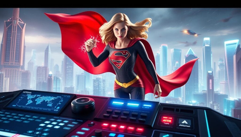 A dynamic, action-packed scene showcasing the latest AI tools for creating vibrant images of Supergirl. In the foreground, a sleek, high-tech control panel with glowing holographic displays, allowing seamless manipulation of color, lighting, and composition. In the middle ground, a larger-than-life 3D model of Supergirl, her crimson cape billowing, energy crackling around her fists. The background features a futuristic cityscape of towering skyscrapers and hovering transportation, all bathed in an otherworldly, neon-tinged glow. The overall atmosphere is one of technological power and superhuman prowess, perfectly capturing the essence of Supergirl and the AI tools that bring her to life.