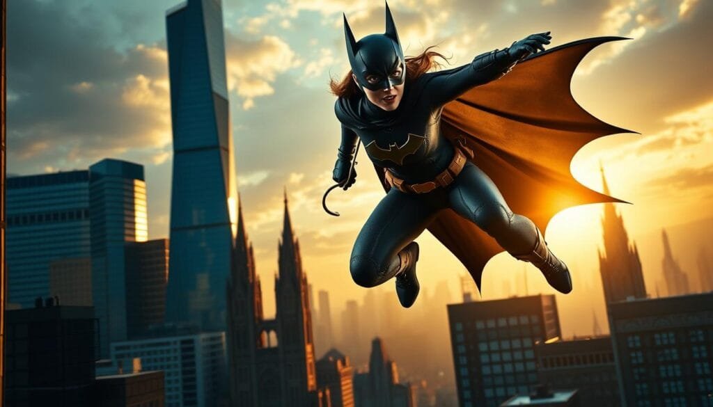 A dynamic action scene of Batgirl, the iconic Gotham City superhero, in mid-leap against a dramatic cityscape backdrop. In the foreground, Batgirl is captured in a dramatic pose, her cape billowing behind her as she grapples with a grappling hook, her expression determined and resolute. The middle ground features the sleek, angular architecture of Gotham's skyscrapers, bathed in the golden glow of a setting sun. In the distance, the imposing silhouettes of gothic spires and gargoyles loom, casting long shadows across the scene. Ambient city lighting casts dramatic highlights and shadows, heightening the sense of movement and tension. The overall mood is one of heroic action, with a cinematic, comic book-inspired aesthetic.