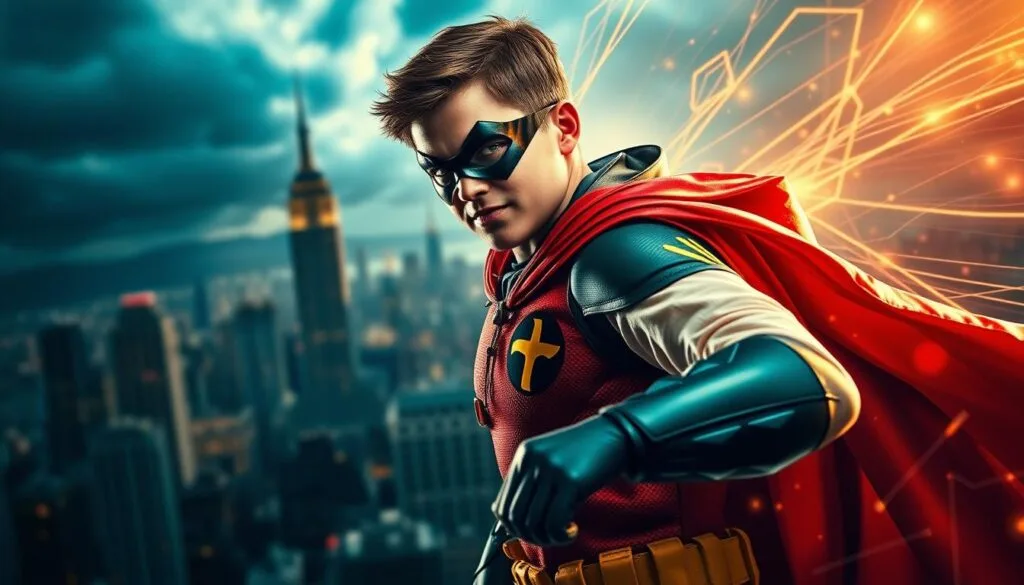 A dynamic and expressive portrait of the iconic superhero Robin, the beloved sidekick of Batman. In the foreground, a detailed rendering of Robin's iconic costume, with vibrant colors and intricate textures. The subject is illuminated by a dramatic, high-contrast lighting, casting dynamic shadows and highlights that accentuate the heroic pose. In the middle ground, a blurred cityscape of Gotham City, with towering skyscrapers and a moody, atmospheric sky. The background is a swirling, abstract representation of the power of artificial intelligence, with glowing lines and geometric shapes that suggest the technological prowess behind the image generation. The overall composition and mood convey a sense of heroism, dynamism, and the seamless integration of human and machine creativity.