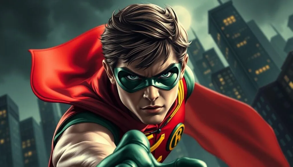 A dynamic and iconic comic book-style portrait of Robin, the legendary sidekick to the Dark Knight. Captured in a classic action pose, Robin's vibrant red, green, and yellow costume pops against a shadowy Gotham City backdrop. Dynamic lighting accentuates the chiseled features of the young hero's face, while a dramatic low-angle perspective heightens the sense of power and heroism. The composition is balanced and cinematic, with the foreground character framed by a moody, atmospheric cityscape in the middle ground and background. An energetic, bold, and timeless illustration that captures the spirit of this iconic comic book character.
