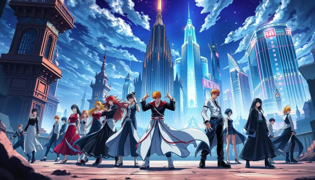 A dynamic and immersive Bleach fan art scene, showcasing the captivating world of the anime. In the foreground, a group of vibrant characters from the series pose heroically, their unique powers and personalities radiating through. The middle ground features intricate architectural elements, hinting at the rich lore and settings of the Bleach universe. In the background, a stunning, futuristic cityscape with towering skyscrapers and glowing neon lights, all rendered with the exceptional capabilities of AI-powered art generation. The overall atmosphere is one of excitement, wonder, and a celebration of the Bleach fandom's creative spirit.
