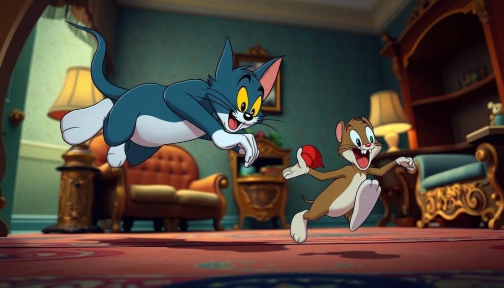 A dynamic, animated scene of the iconic cartoon duo Tom and Jerry engaged in their classic mischievous antics. The foreground depicts Tom, the mischievous cat, mid-leap as he chases after the elusive Jerry, the quick-witted mouse, through a vibrant and detailed interior setting. The middle ground showcases the duo's familiar household environment, complete with ornate furniture, intricate wallpaper patterns, and subtle lighting that casts warm, dramatic shadows. The background features a softly blurred, dream-like quality, emphasizing the whimsical and fantastical nature of the scene. The overall mood is one of playful energy, capturing the essence of the beloved cartoon characters and their timeless comedic dynamic.