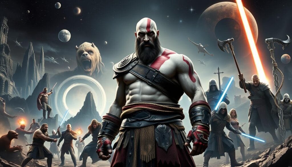 A dynamic, cinematic scene depicting the "God of War" protagonist Kratos alongside iconic characters from other beloved fantasy and sci-fi franchises. In the foreground, Kratos stands tall, his weathered face and muscular frame radiating power, Leviathan Axe at the ready. Surrounding him, a diverse cast of crossover characters - a towering Wookiee, a noble Jedi Knight, a cunning Assassin, and more - join forces in an epic, otherworldly battle. The middle ground features a dramatic, fantastical landscape, with towering mountains, swirling portals, and ancient ruins. Dramatic lighting casts dramatic shadows, heightening the sense of tension and drama. In the background, a cosmic, starry sky sets the stage for this extraordinary clash of legendary heroes and universes.