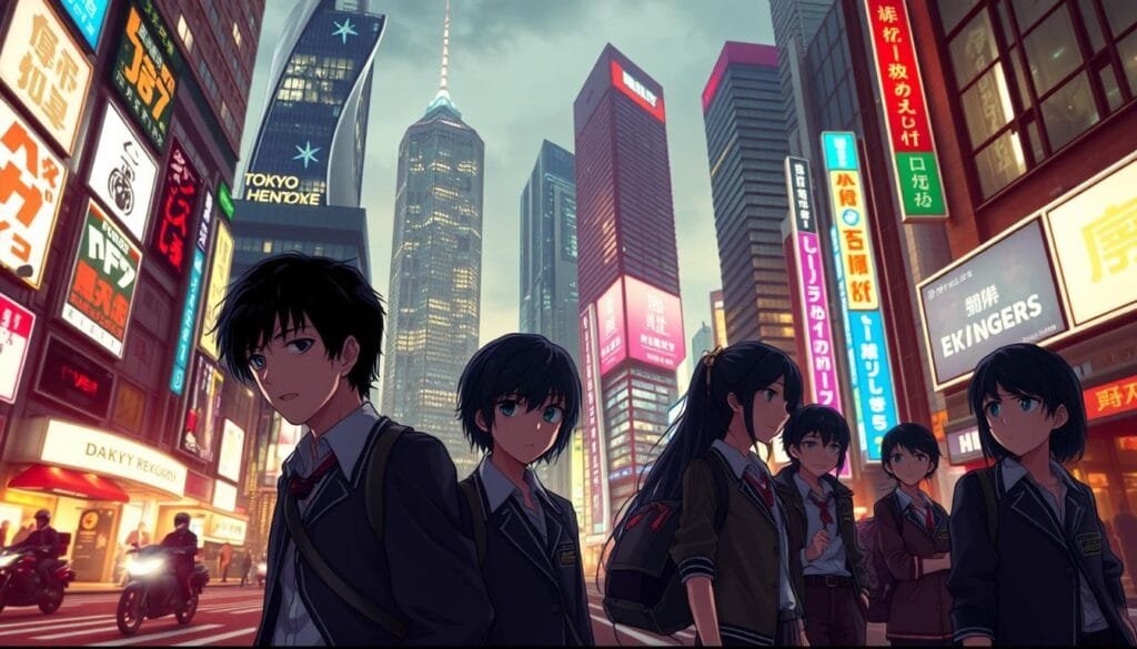 A dynamic cityscape bathed in neon lights, reflecting the vibrant, fast-paced essence of Tokyo Revengers. In the foreground, a group of high school students dressed in the signature gakuran uniforms, their expressions intense and determined. Behind them, the towering skyscrapers of the Shibuya district rise up, their sleek, angular facades casting dramatic shadows. The streets are alive with the energy of a bustling metropolis, with the faint silhouettes of motorcycles and pedestrians adding to the sense of movement and chaos. The lighting is a captivating blend of warm, inviting tones and cool, neon hues, evoking the series' distinctive visual style. The overall atmosphere is one of gritty realism, with a hint of the supernatural and the extraordinary lurking beneath the surface.