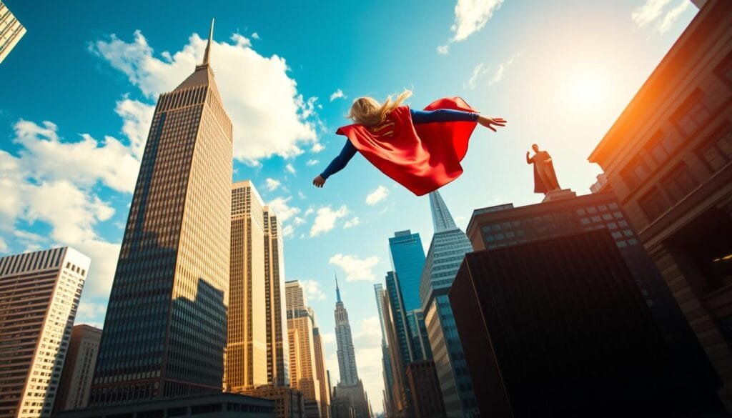 A dynamic cityscape of Metropolis unfolds, with Supergirl soaring gracefully amidst the towering skyscrapers. In the foreground, she effortlessly navigates the bustling streets, her red cape billowing behind her as she scans the horizon for any signs of trouble. The middle ground is filled with the iconic landmarks of the city, including the gleaming Daily Planet building and the imposing statue of Superman. In the background, the sky is a vibrant azure, illuminated by the warm glow of the sun, casting a golden hue over the entire scene. The lighting is cinematic and dramatic, highlighting Supergirl's heroic silhouette and the grandeur of her surroundings. The camera angle is positioned to capture the dynamism and power of Supergirl as she takes charge of her city, ready to defend it from any threat that may arise.