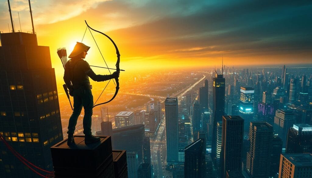 A dynamic cityscape of Star City at dusk, with the iconic Green Arrow standing atop a skyscraper, bow in hand, surveying the bustling urban landscape below. The setting sun casts a warm, golden glow, illuminating the archer's silhouette and the intricate details of the surrounding architecture. Neon lights flicker in the distance, creating a moody, cyberpunk atmosphere. The camera angle is slightly elevated, emphasizing the hero's commanding presence and the scale of the metropolis. The image conveys a sense of vigilance, the Green Arrow ready to leap into action and protect his city from the shadows.