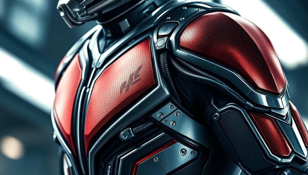 A dynamic close-up of Ant-Man's suit, showcasing its intricate details and advanced modifications. The suit's metallic panels glisten under dramatic lighting, highlighting the sleek, futuristic design. Intricate circuitry and gadgets are visible, hinting at the suit's impressive technological capabilities. The background is blurred, keeping the focus on the suit's captivating features. The composition and lighting create a sense of power and innovation, reflecting the advanced nature of the modifications. The image conveys the cutting-edge technology and engineering that enable Ant-Man's remarkable abilities.