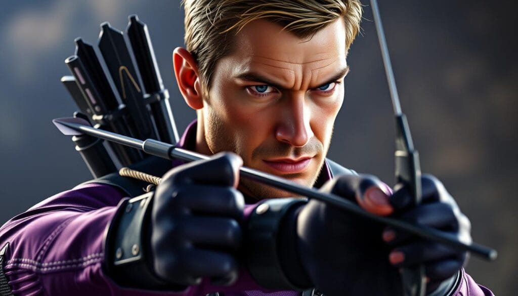 A dynamic, close-up portrait of Hawkeye, the skilled archer from the Avengers, in his classic purple and blue uniform. The lighting is dramatic, casting bold shadows and highlights across his determined expression. He stands with his bow drawn, arrow nocked and ready, his gaze laser-focused on the target. The background is blurred, placing all emphasis on the hero's rugged, tactical attire and unwavering heroic pose. Meticulously detailed textures and materials - the leather, kevlar, and metallic accents of his iconic costume. Rendered with a cinematic, high-fidelity aesthetic, capturing the essence of Hawkeye's classic comic book look.