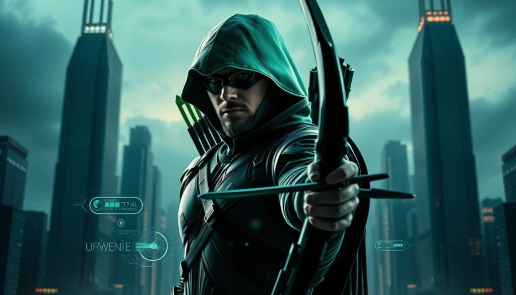 A dynamic, close-up portrait of the Green Arrow, a skilled archer, standing amidst a futuristic, tech-infused backdrop. The hero's emerald-hued costume and sleek, angular bow are highlighted by dramatic, cinematic lighting, casting bold shadows that convey a sense of power and intensity. In the middle ground, holographic displays and glowing, neon-like elements suggest the integration of advanced AI systems, enhancing the archer's arsenal and capabilities. The background is a sleek, minimalist cityscape, with towering skyscrapers and a moody, atmospheric sky, creating a sense of scale and a cyberpunk-inspired ambiance. The overall composition and mood evoke a fusion of the classic Green Arrow aesthetic with a cutting-edge, futuristic interpretation.