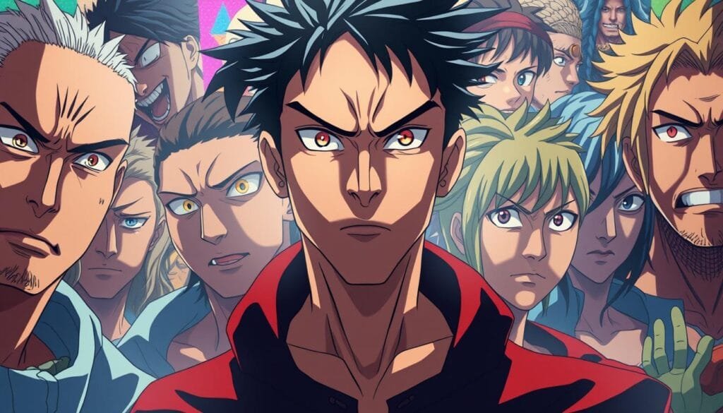 A dynamic cross-section of iconic anime characters from various series, seamlessly merged together in a captivating visual tapestry. The foreground features the resolute and determined expressions of the Blue Lock protagonists, their eyes shining with the fire of competition. In the middle ground, familiar faces from other beloved anime worlds - from the stoic intensity of Eren Jaeger to the whimsical charm of Monkey D. Luffy - all united in a shared passion for their craft. The background is a kaleidoscope of vibrant colors, textures, and motifs, creating a sense of narrative depth and the convergence of multiple storytelling universes. Dramatic lighting casts dynamic shadows, heightening the sense of drama and spectacle. Captured through a cinematic wide-angle lens, the composition draws the viewer into this captivating crossover, inviting them to explore the rich tapestry of anime cultures and characters.