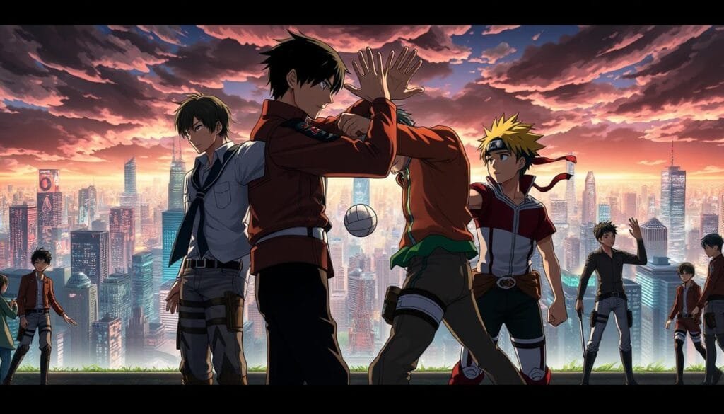 A dynamic crossover scene depicting the characters of Tokyo Revengers seamlessly interacting with popular anime counterparts. In the foreground, Takemichi Hanagaki stands alongside Eren Jaeger from Attack on Titan, their gazes locked in a tense standoff. Behind them, Mikey Draken and Levi Ackerman from the same series engage in a heated exchange, blades clashing. In the middle ground, Haikyuu's Hinata Shoyo spikes a volleyball towards Naruto Uzumaki, who deftly deflects it with a Rasengan. In the background, the iconic cityscape of Tokyo looms, infused with the vibrant energy of a myriad anime worlds colliding. Cinematic lighting casts dramatic shadows, and a sense of dynamic motion permeates the scene, capturing the essence of these beloved characters in an unforgettable crossover.