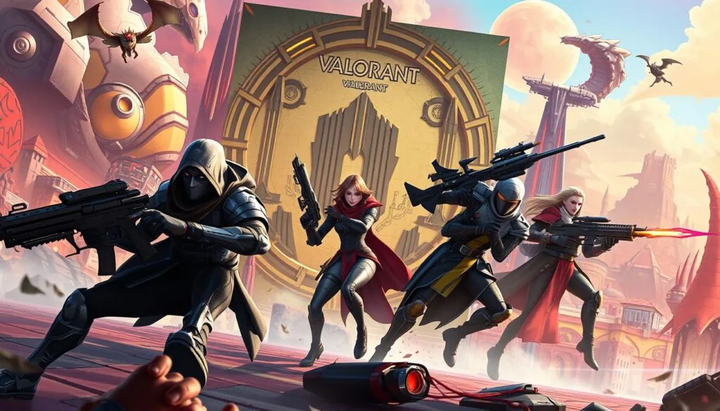 A dynamic crossover scene featuring Valorant characters in a vibrant, creative setting. A detailed foreground with Jett, Sova, and Raze in action poses, their unique abilities and weaponry on full display. In the middle ground, a futuristic Valorant map backdrop with striking architectural elements and neon accents. The background showcases a blending of genres, with fantasy creatures, sci-fi structures, and surreal landscapes seamlessly integrated. Dramatic lighting casts dramatic shadows, highlighting the contrast between the Valorant agents and the fantastical environment. The overall mood is one of energy, innovation, and a sense of the unexpected, capturing the essence of "Crossovers creativos con Valorant."
